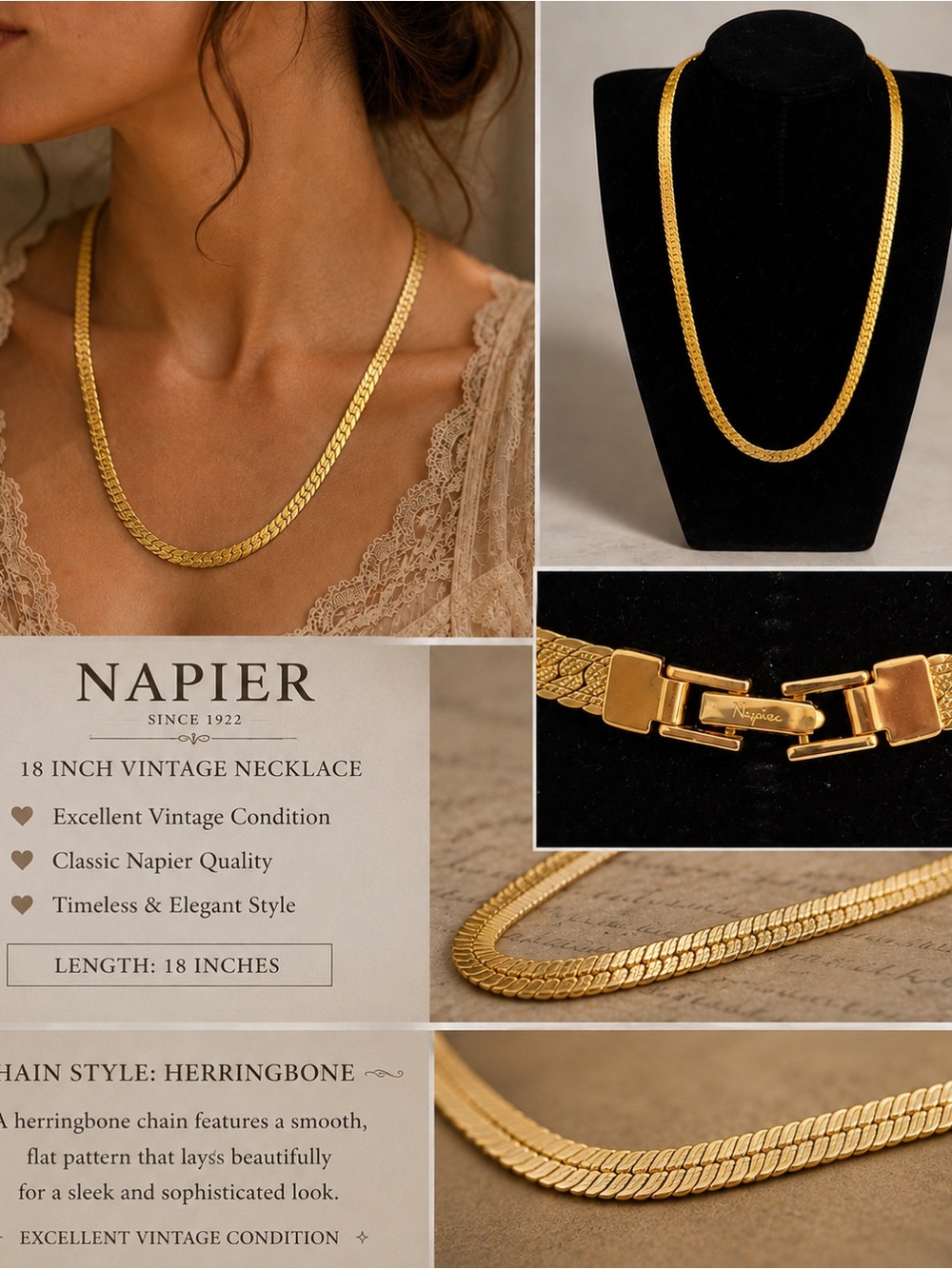 Vintage Napier Gold Tone Chain Necklace | Timeless Herringbone
